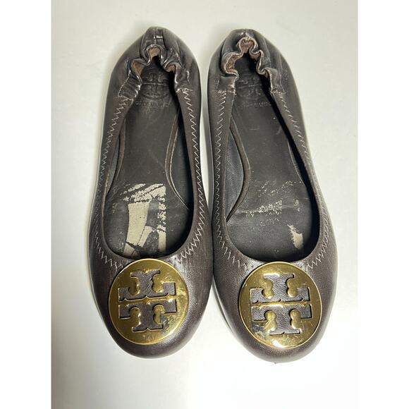 Tory Burch EUC Chocolate Brown Leather Reva Ballet Flats Gold Logo Shoes Size 6 - Picture 5 of 7